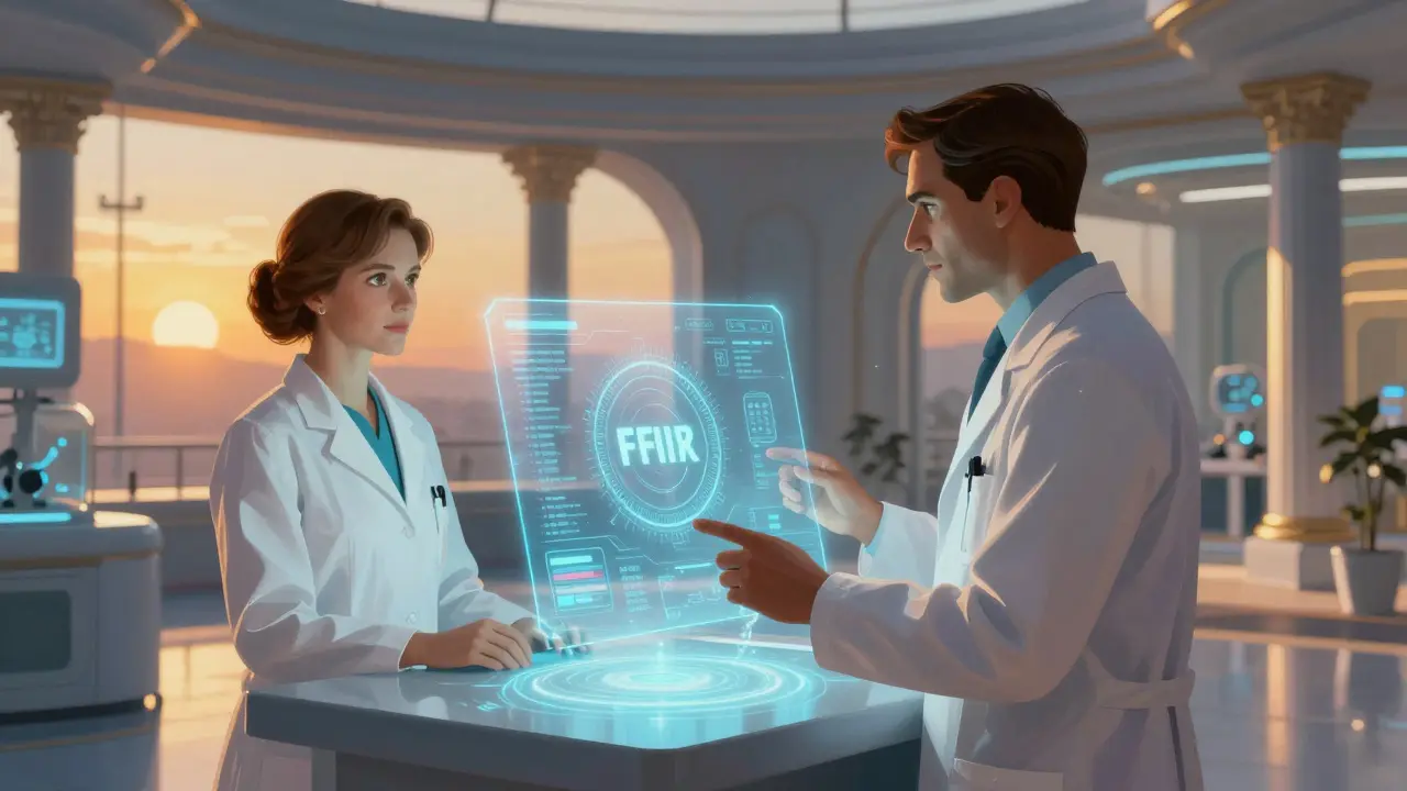 Médecin et pharmacien collaborant via une interface numérique synchronisée.