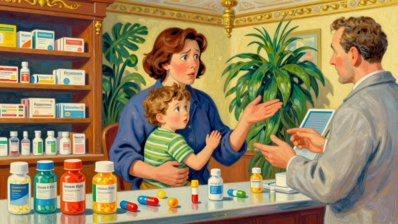 Parent inquiet et enfant regardant des médicaments aux couleurs différentes à la pharmacie