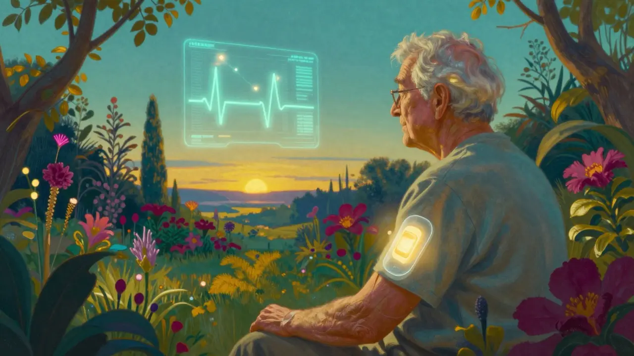 Personne âgée dans un jardin éthéré portant un patch de surveillance médicale lumineux.