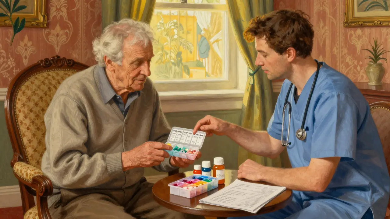 Personne âgée examinant son organiseur de comprimés pendant une consultation médicale