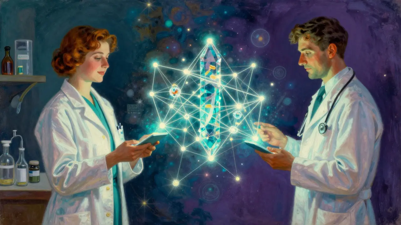 Pharmacien et médecin reliés par un réseau lumineux symbolisant la blockchain.