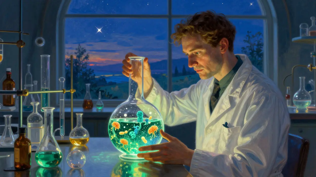 Représentation artistique d'un cocktail enzymatique personnalisé dans un flacon en cristal.