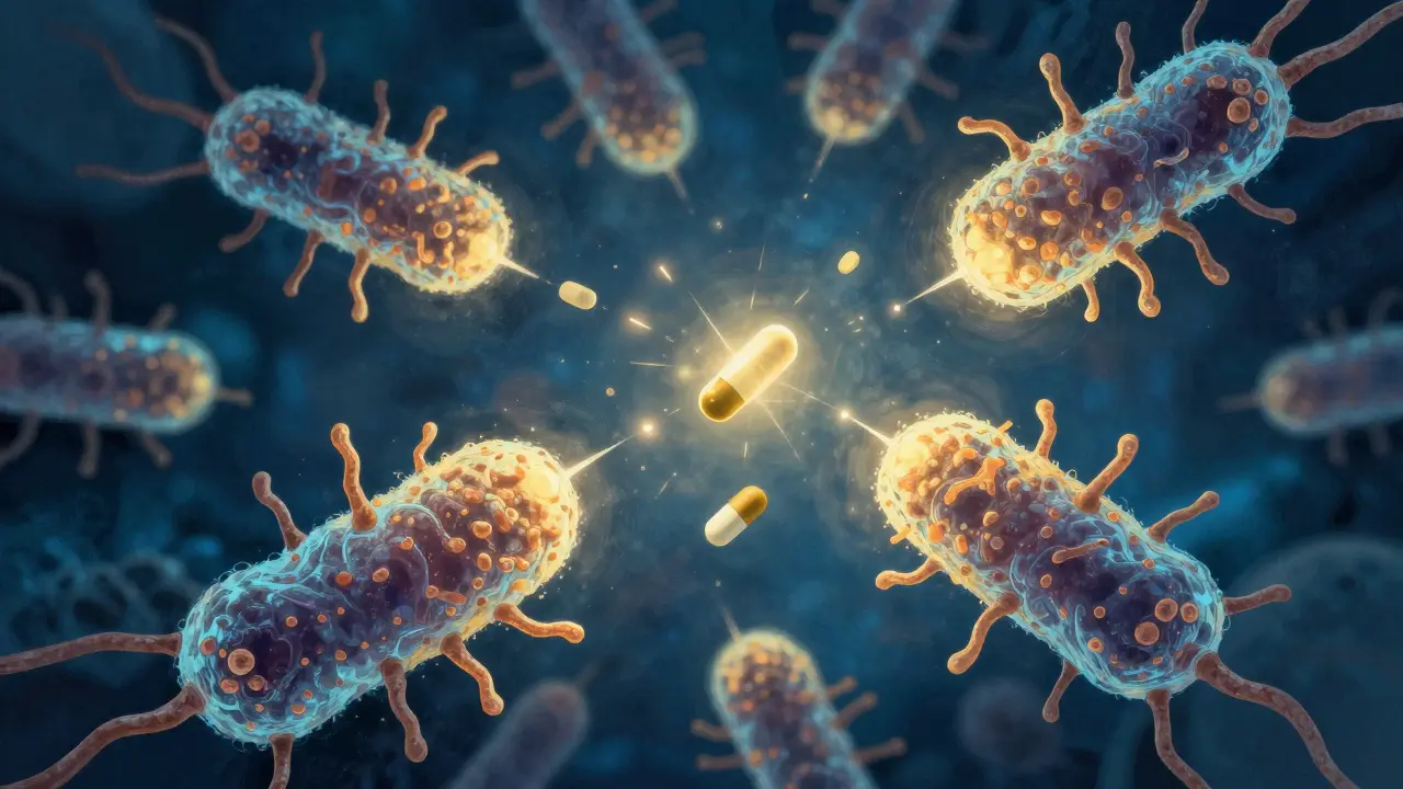 Représentation artistique de particules d'antibiotiques combattant des bactéries.