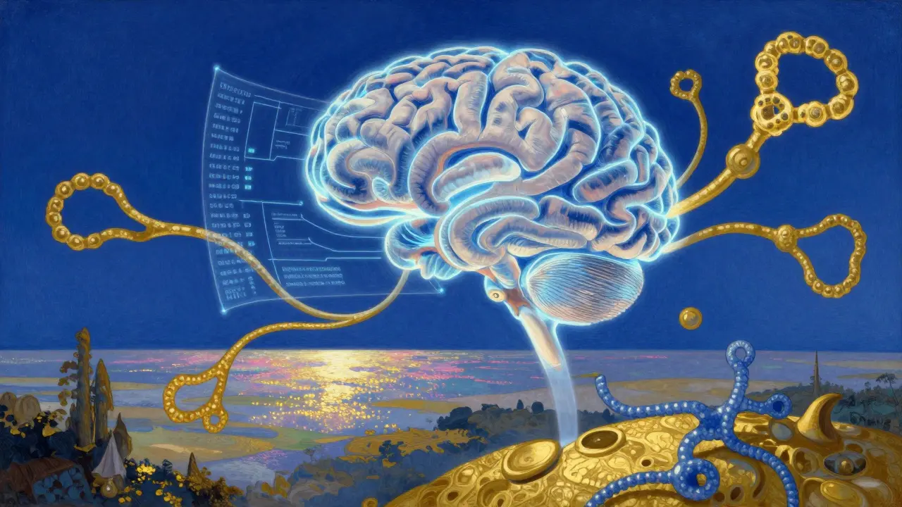 Représentation conceptuelle de l'intelligence artificielle et des biosimilaires dans la pharmacie.