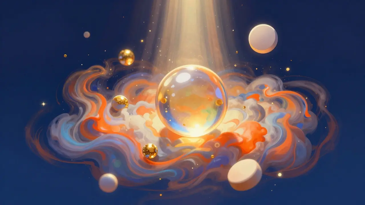 Représentation conceptuelle des excipients entourant le principe actif d'un médicament.