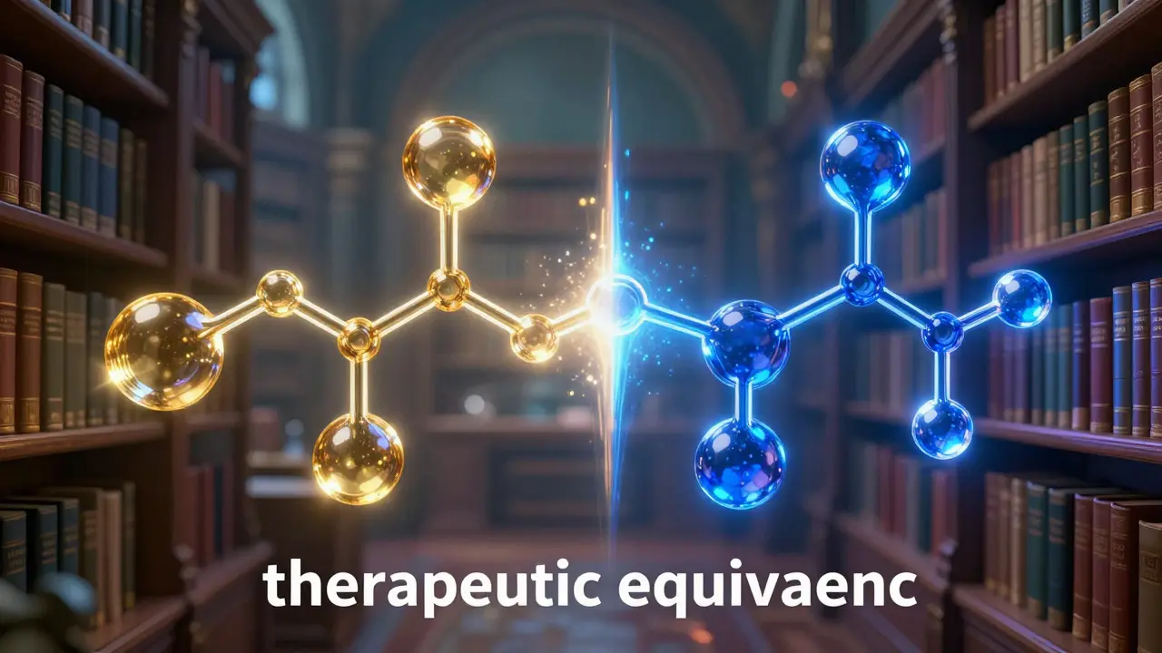 Représentation conceptuelle et lumineuse de l'équivalence thérapeutique entre deux médicaments.