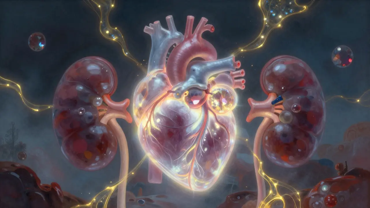 Représentation stylisée et lumineuse d'un cœur et de reins entourés de flux d'énergie dorée.