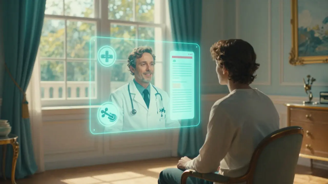 Scène onirique d'une consultation médicale par télémédecine avec une lumière éthérée.