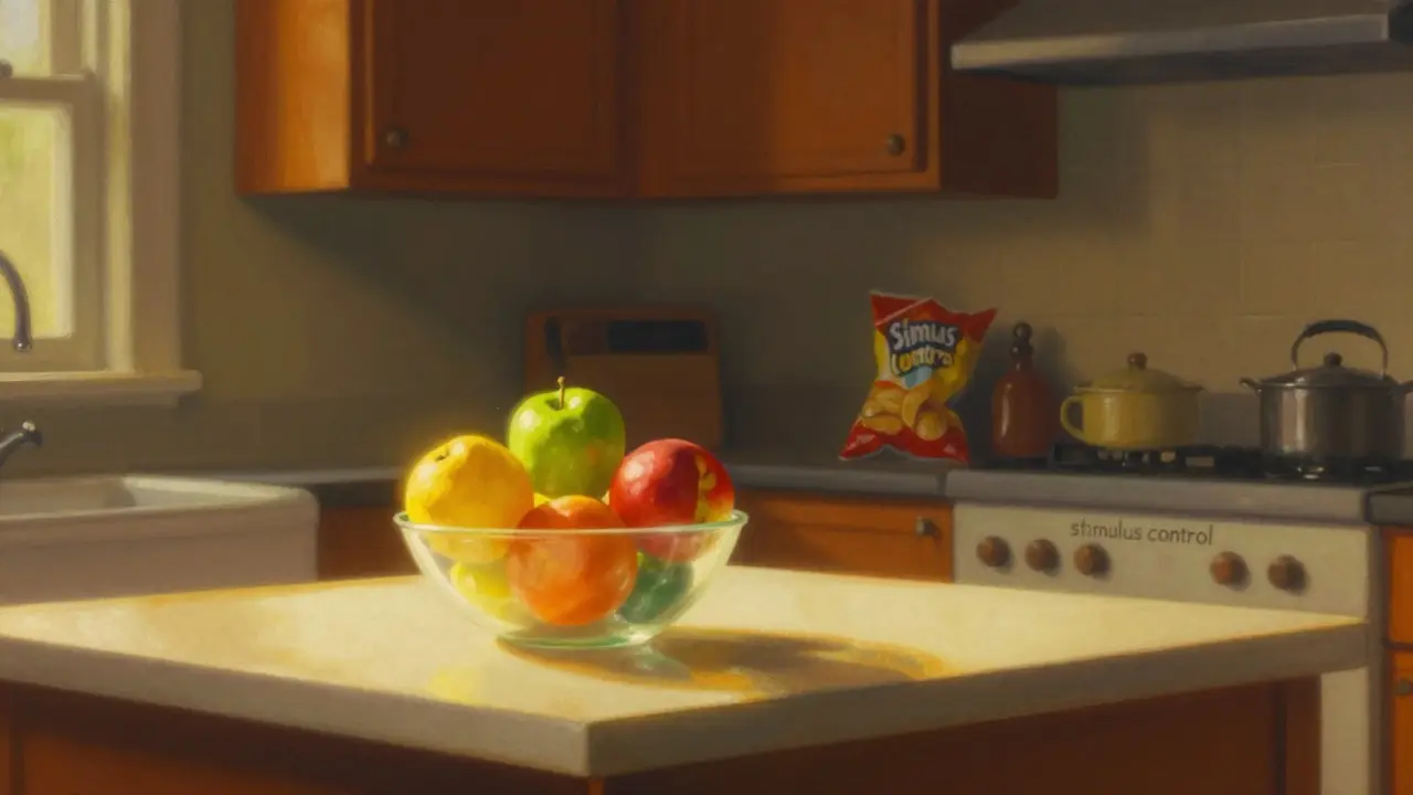 Un bol de fruits éclairé contrastant avec des chips cachées en hauteur.