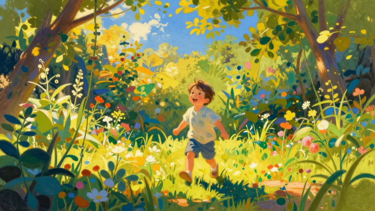 Un enfant en bonne santé jouant dans un jardin lumineux et verdoyant.