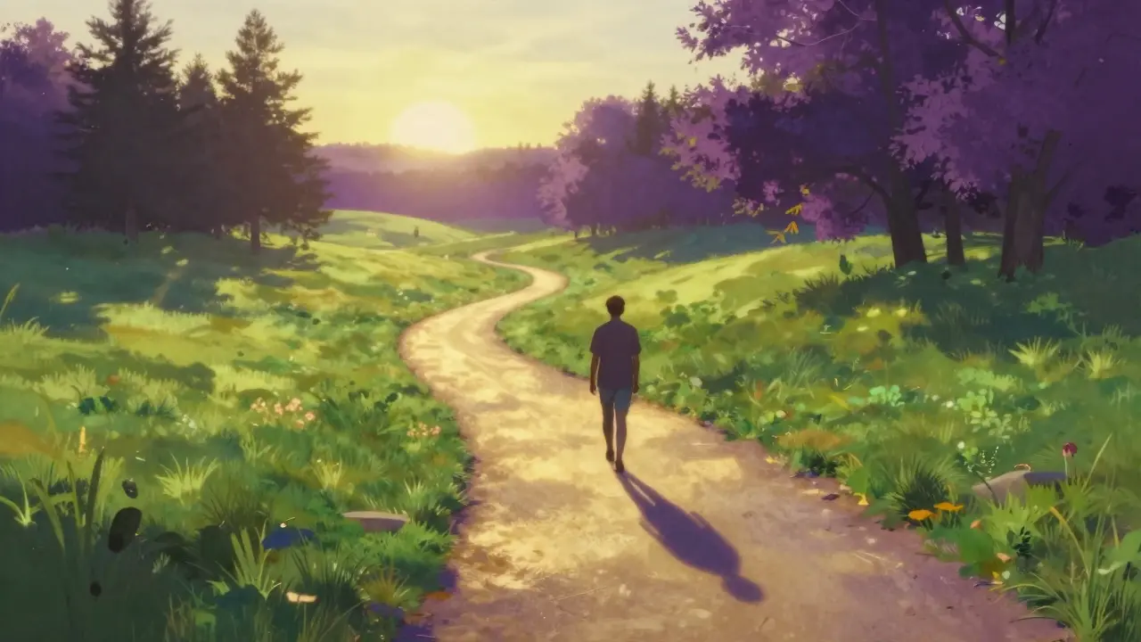 Une personne marchant sur un chemin sinueux et lumineux vers un lever de soleil.