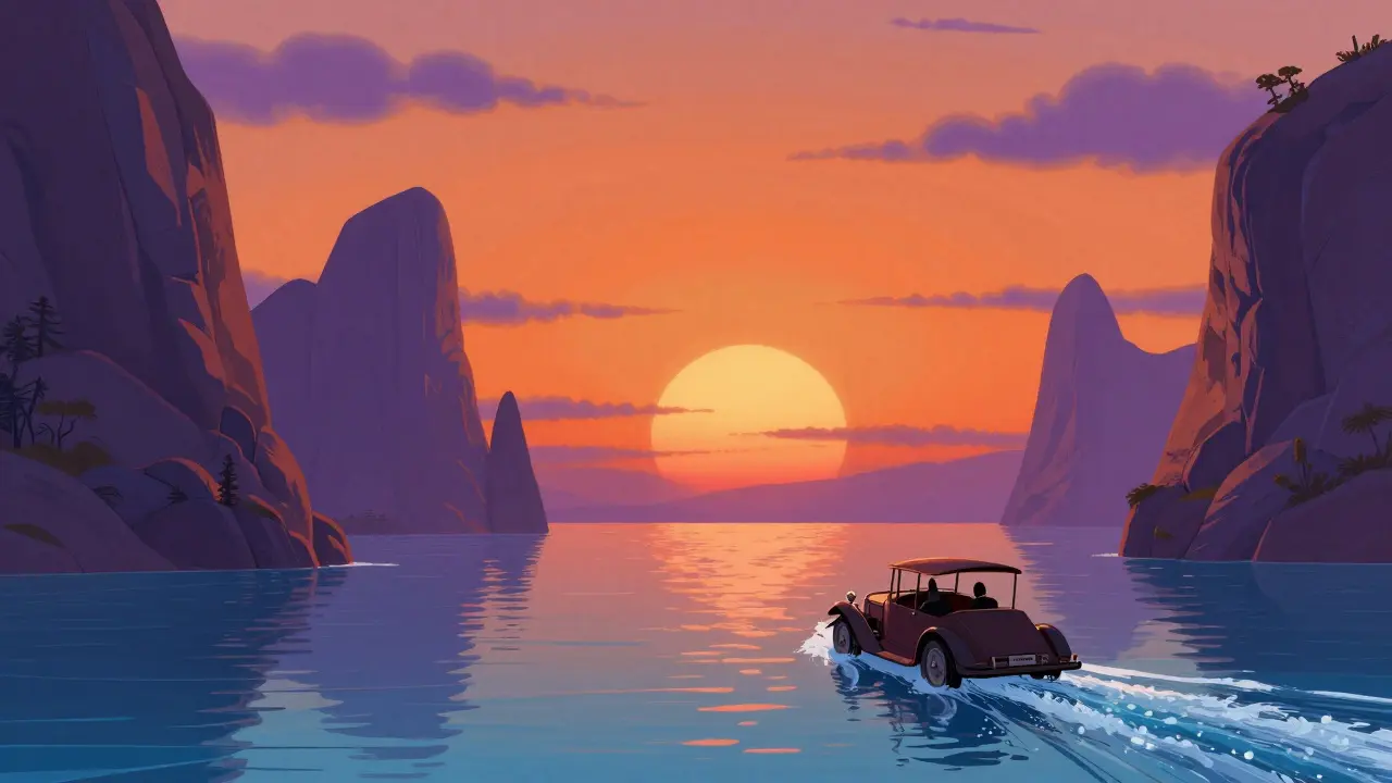 Voyage paisible en voiture dans un paysage idyllique au coucher du soleil.