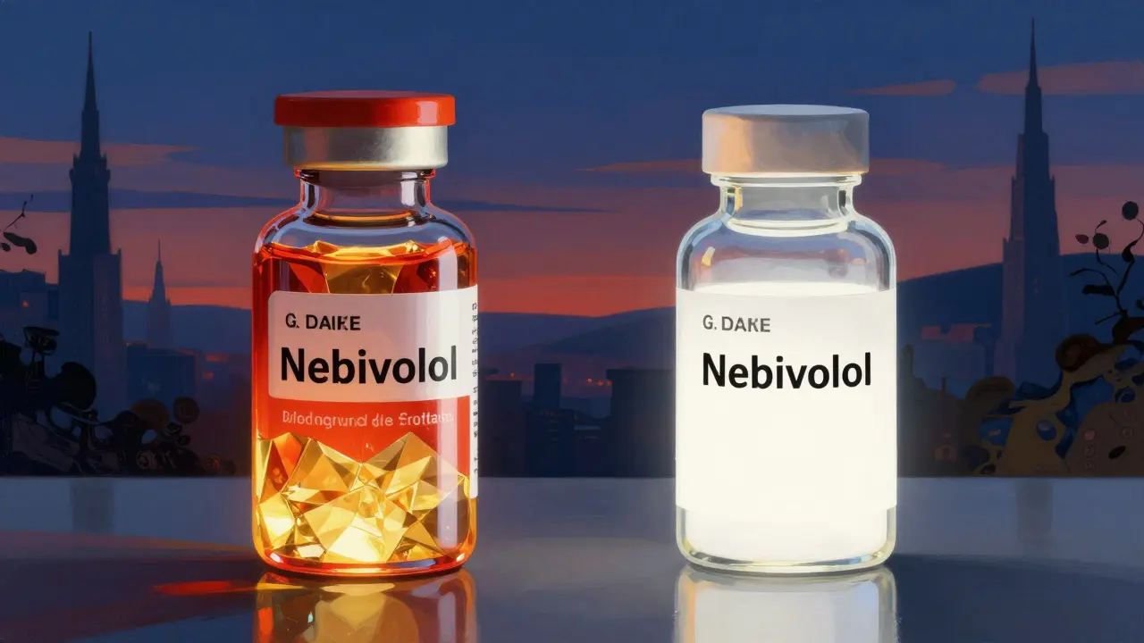 Comparaison artistique entre un médicament de marque luxueux et un générique simple