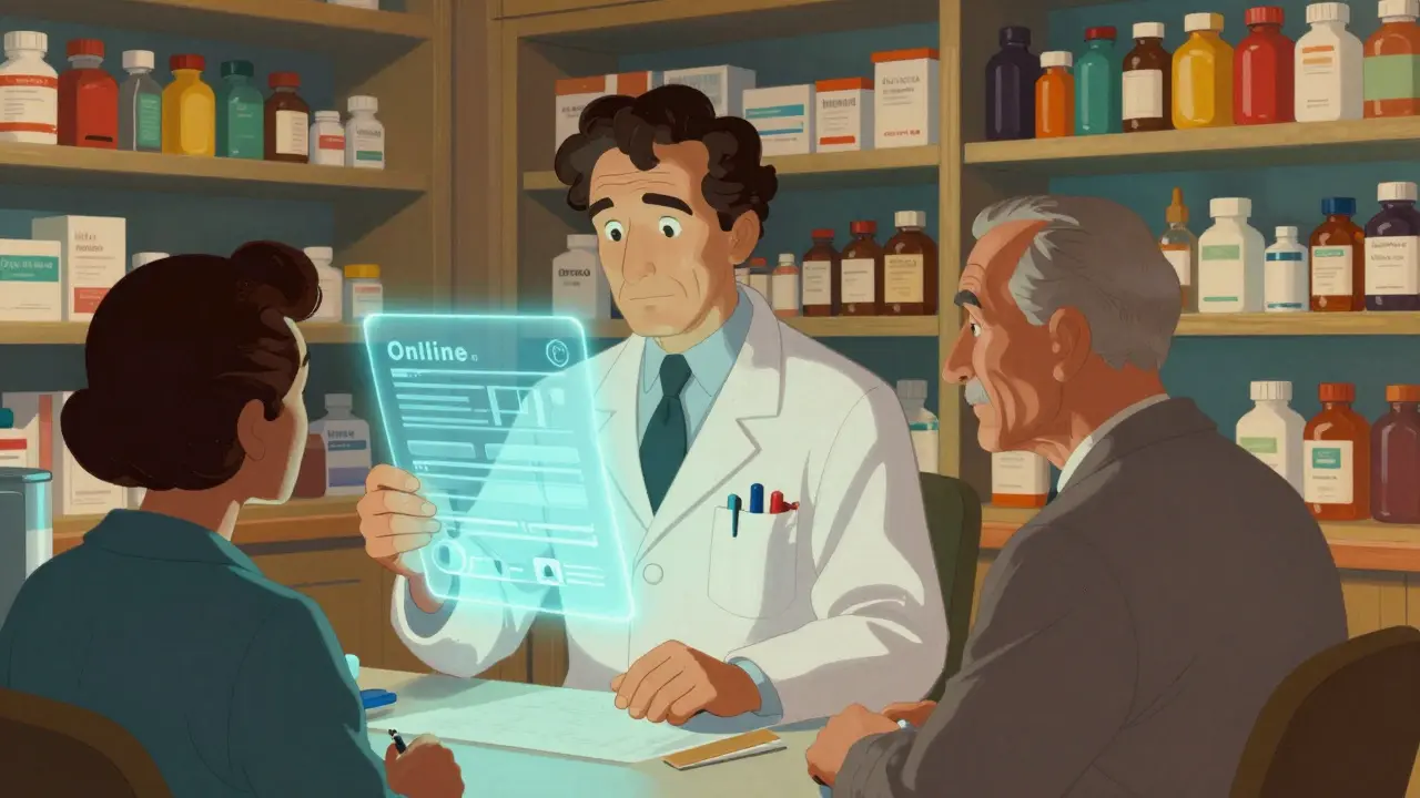 Consultation en ligne sécurisée avec un pharmacien et une ordonnance numérique lumineuse.
