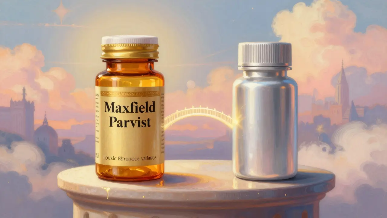 Deux flacons de médicaments reliés par un pont lumineux, illustrant le passage sûr vers un générique.