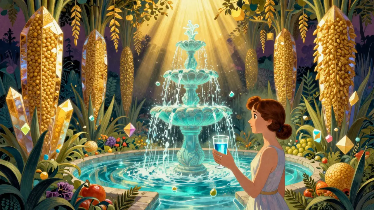 Jardin fantastique avec eau et fibres symbolisant la gestion de la constipation