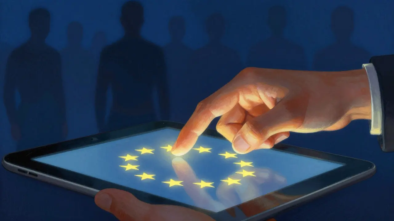 Main vérifiant le logo européen sécurisé sur une tablette numérique