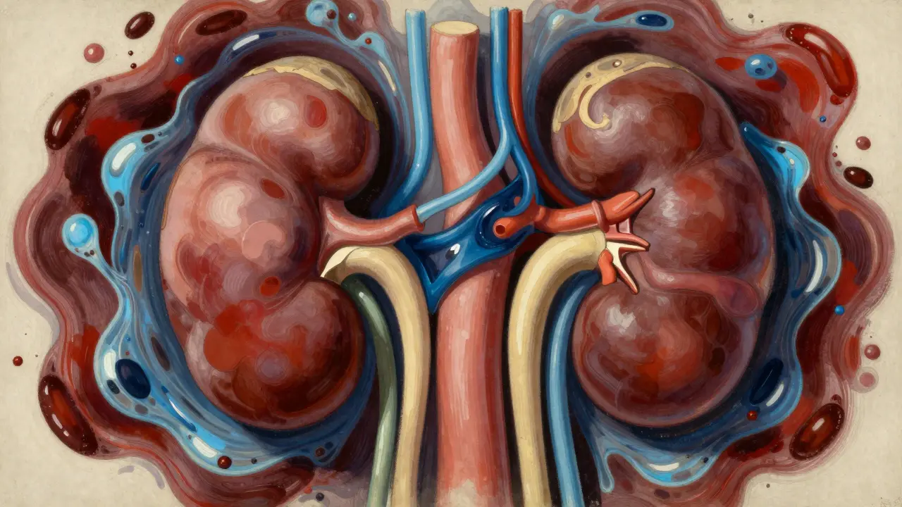 Reins stylisés filtrant des fluides bleus et rouges de manière artistique