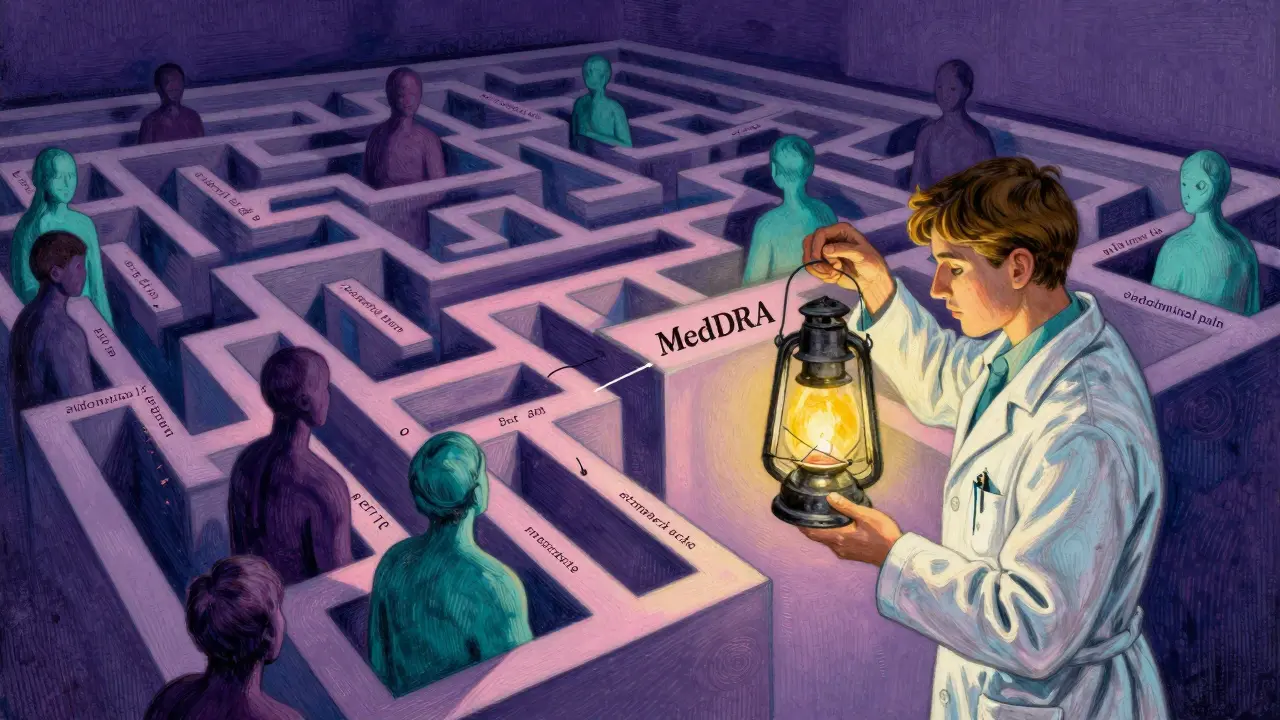 Un chercheur utilisant une lampe pour naviguer dans un labyrinthe de termes médicaux complexes.