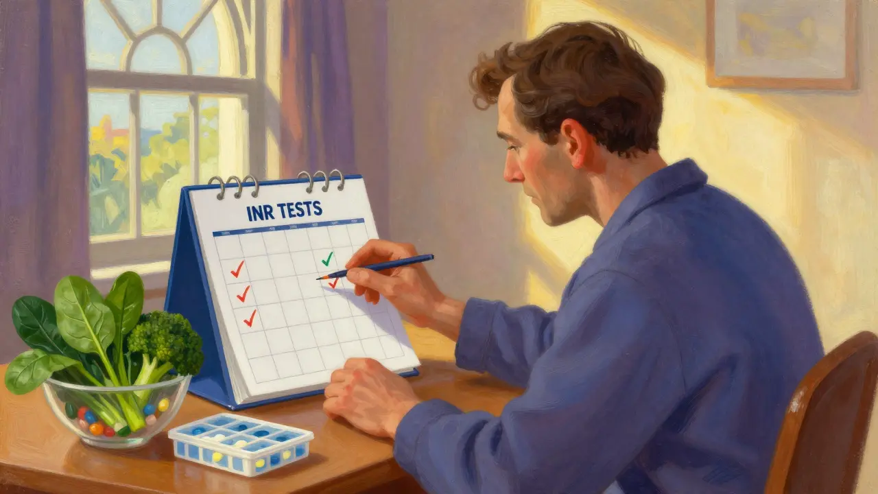 Un patient surveille son calendrier et sa nourriture pour maintenir une stabilité des taux d'INR.