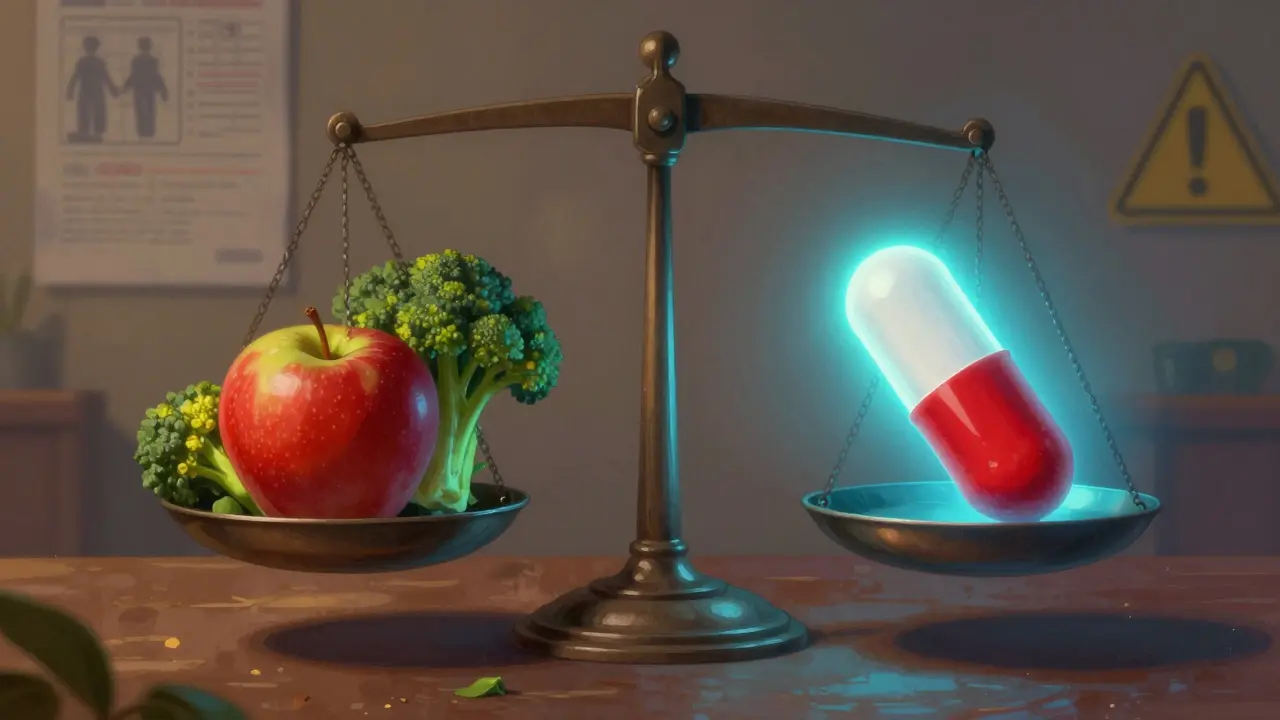 Balance montrant des aliments sains contre une pilule lourde et dangereuse, sous un ciel crépusculaire dramatique.