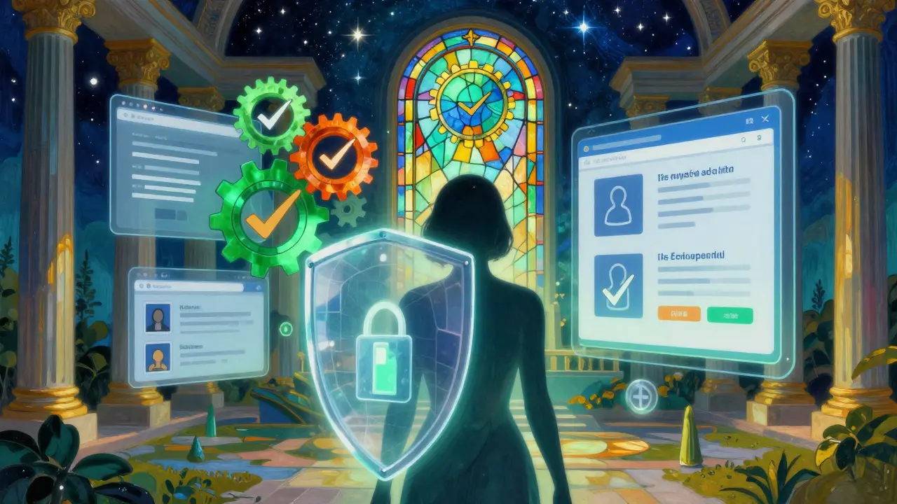 Bouclier lumineux protégeant une silhouette devant des portails numériques abstraits et colorés