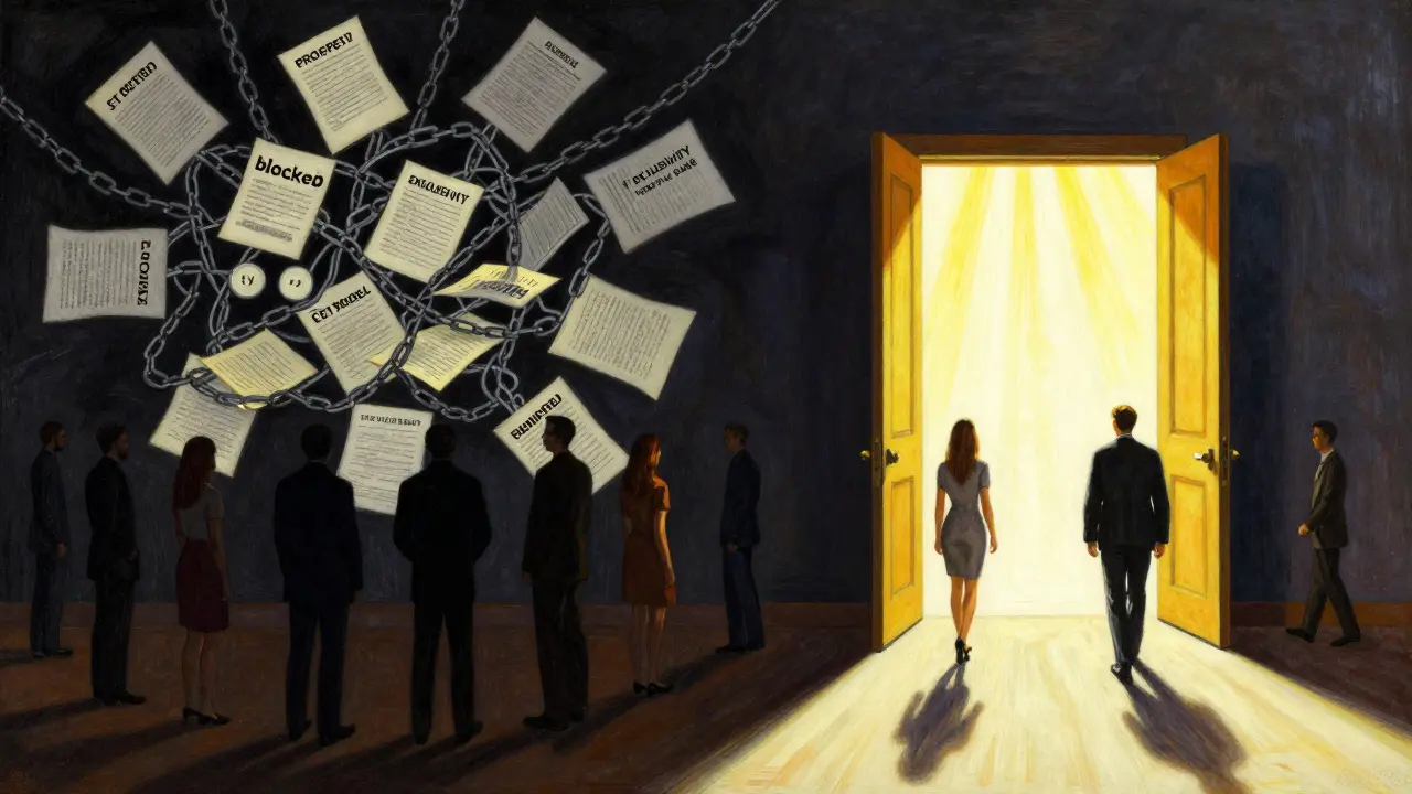 Contraste entre un système bloqué par la litige et un chemin clair vers la concurrence libre.