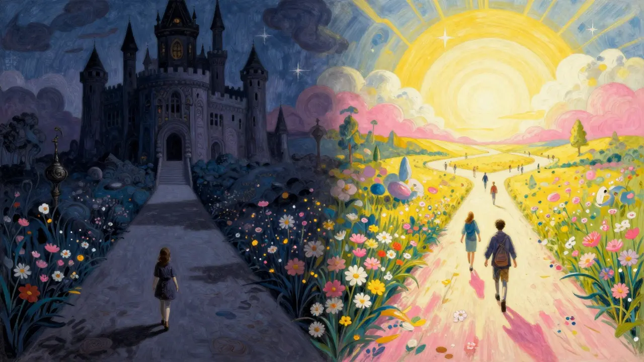 Deux chemins divergents : l'un sombre et risqué, l'autre ensoleillé et libérateur