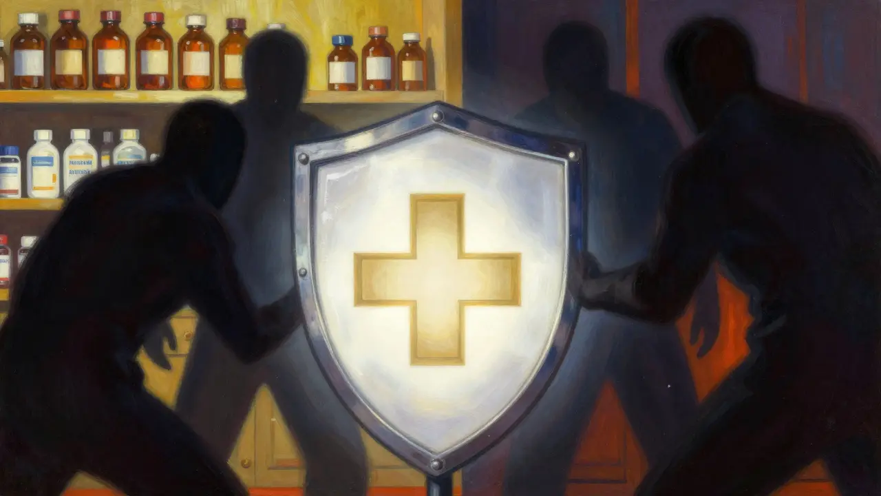 Éclat de sécurité repoussant les ombres frauduleuses près de médicaments rangés