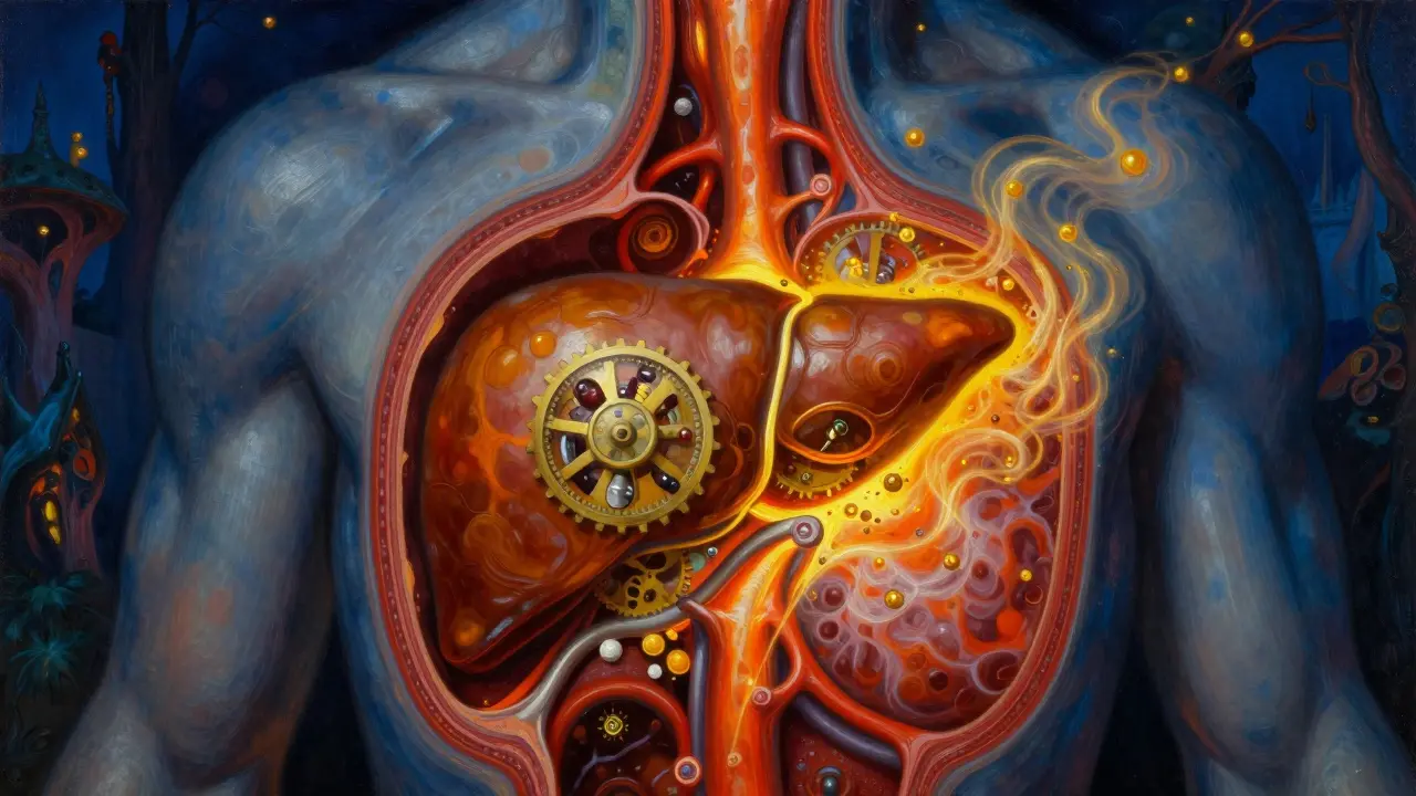 Foie stylisé avec des mécanismes internes obstrués par une lumière ambrée intense, illustrant l'accumulation de médicaments.