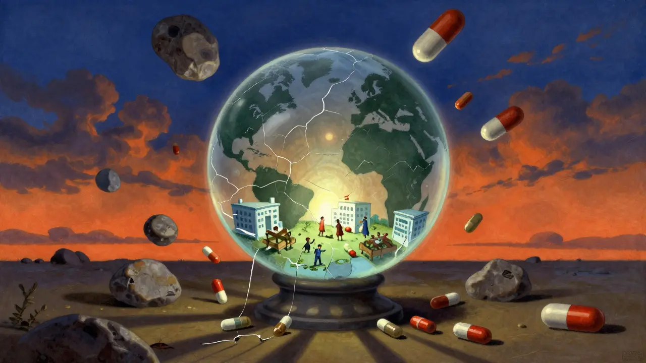 Globe terrestre fragile craquant sous le poids de pilules devenues pierres