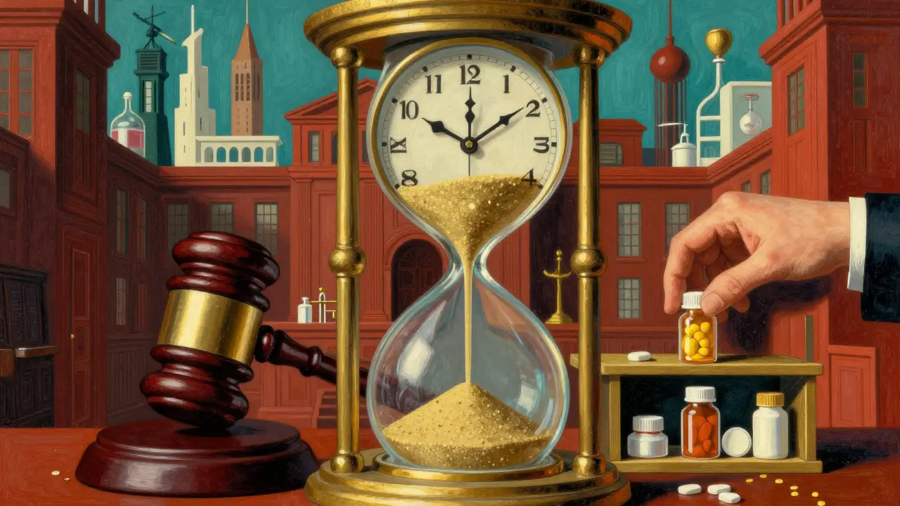 Horloge complexe et balances représentant les délais juridiques et commerciaux des brevets pharmaceutiques.