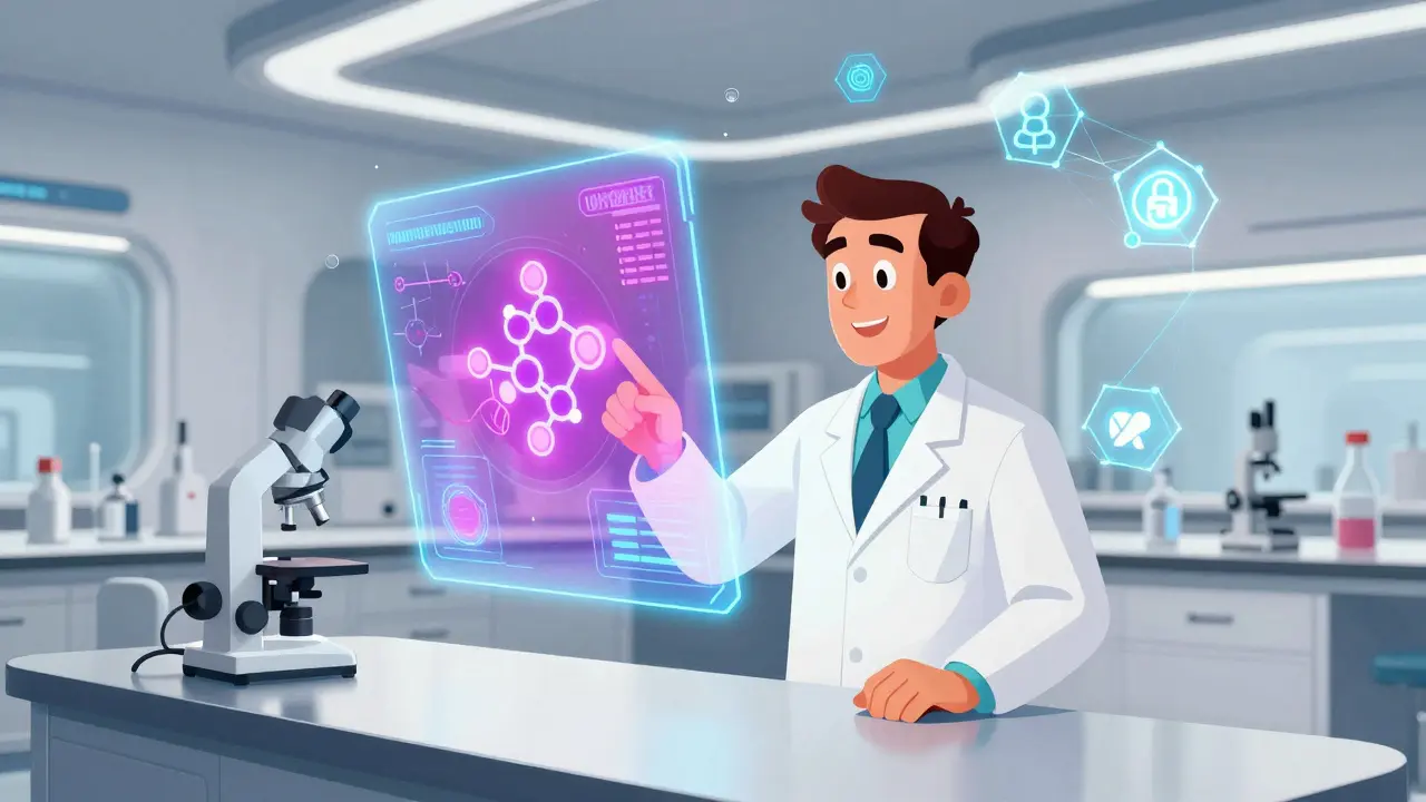 Laboratoire futuriste avec données holographiques et blockchain