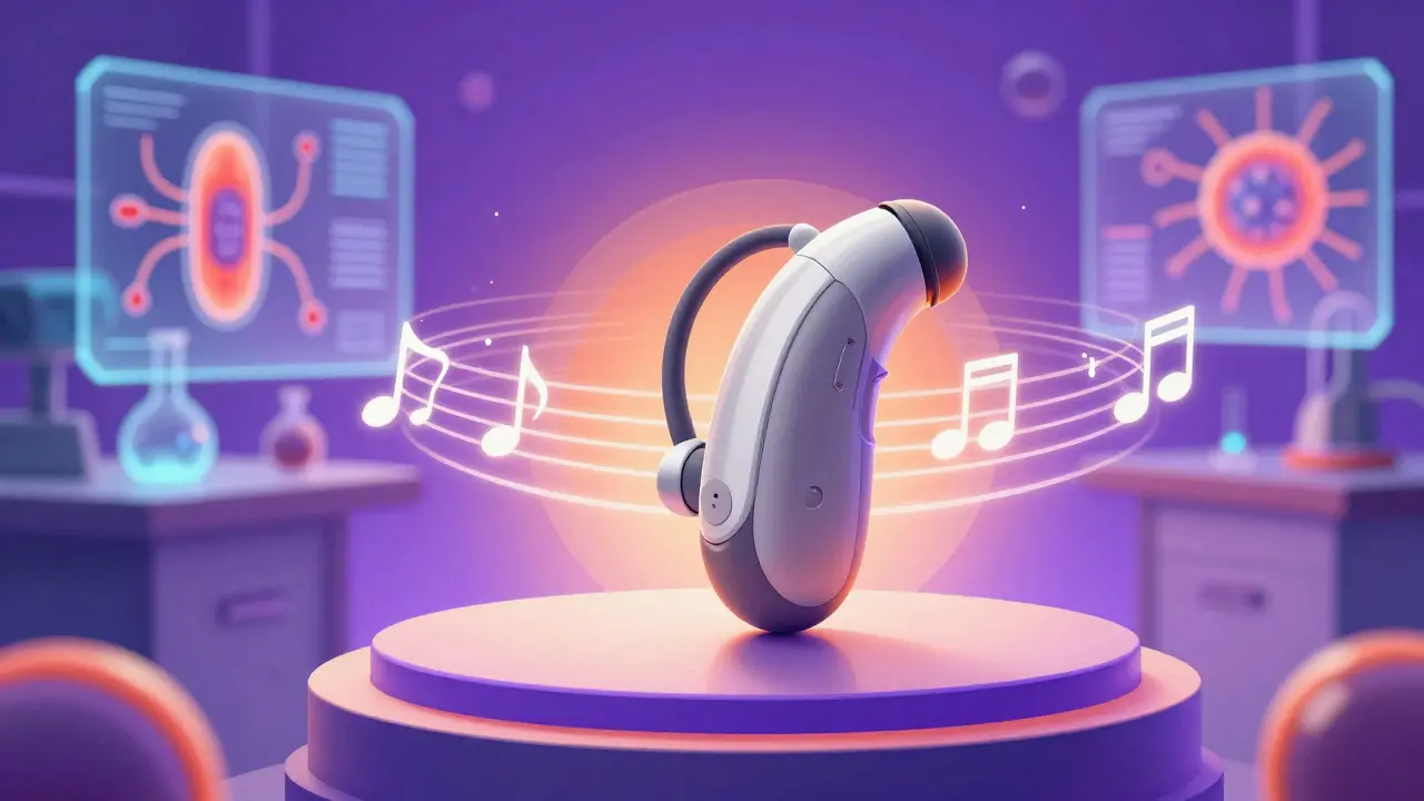 Appareil auditif futuriste émettant des ondes lumineuses dans un laboratoire