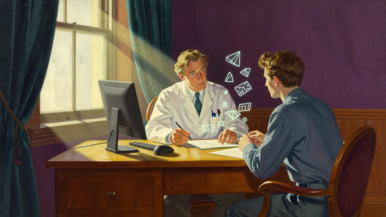 Consultation médicale sérieuse avec lumière dramatique et données abstraites