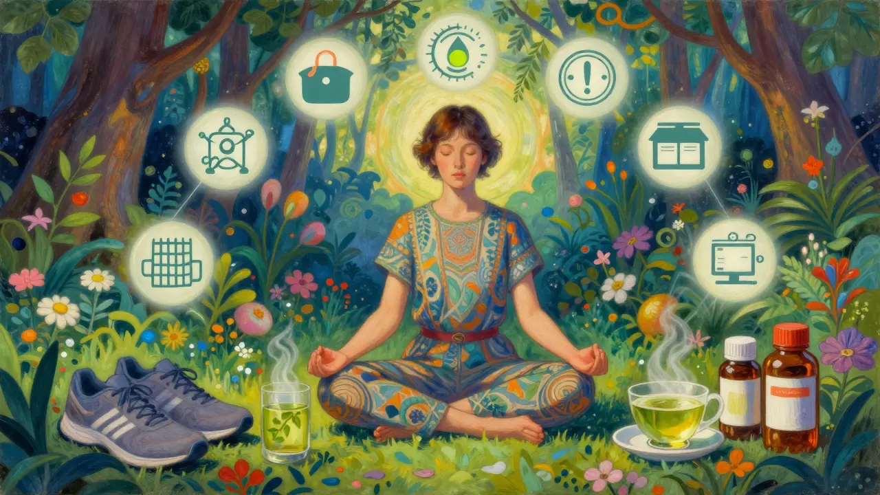 Dépiction au style Maxfield Parrish des alternatives à la gestion de l'anxiété. Une figure sereine pratique la méditation dans un jardin fantastique luxuriant entouré de symboles de thérapie, de mode de vie sain et de médicaments non addictifs. Ambiance éthérée, couleurs saturées riches, motifs intricats, qualité onirique.
