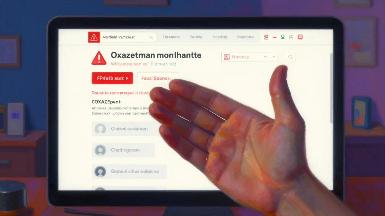 Gros plan au style Maxfield Parrish : une main rejette une interface de site web suspecte offrant de l'Oxazepam sans ordonnance. L'écran affiche des drapeaux rouges d'avertissement, des fausses remises et des chatbots génériques. En arrière-plan, une salle de consultation médicale légitime baignée d'une lumière chaleureuse. Contrastes forts, textures détaillées.
