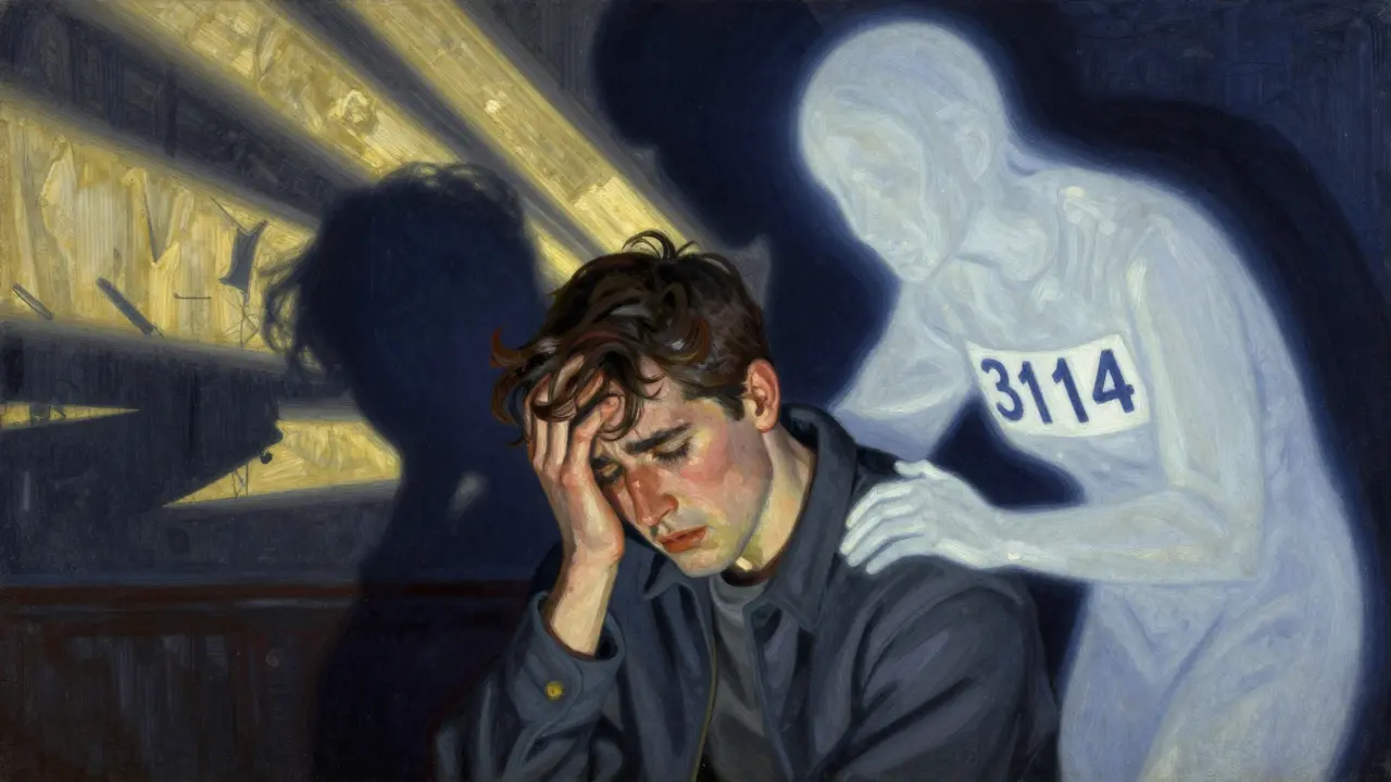 Illustration au style Maxfield Parrish du soutien d'urgence lors d'une crise de panique. Un individu détressé est réconforté par un guide spectral bienveillant représentant les lignes d'écoute santé mentale (numéro 3114 visible). La scène passe de l'ombre chaotique à des rayons de lumière calmes. Chiaroscuro dramatique, teintes indigo profond et or.