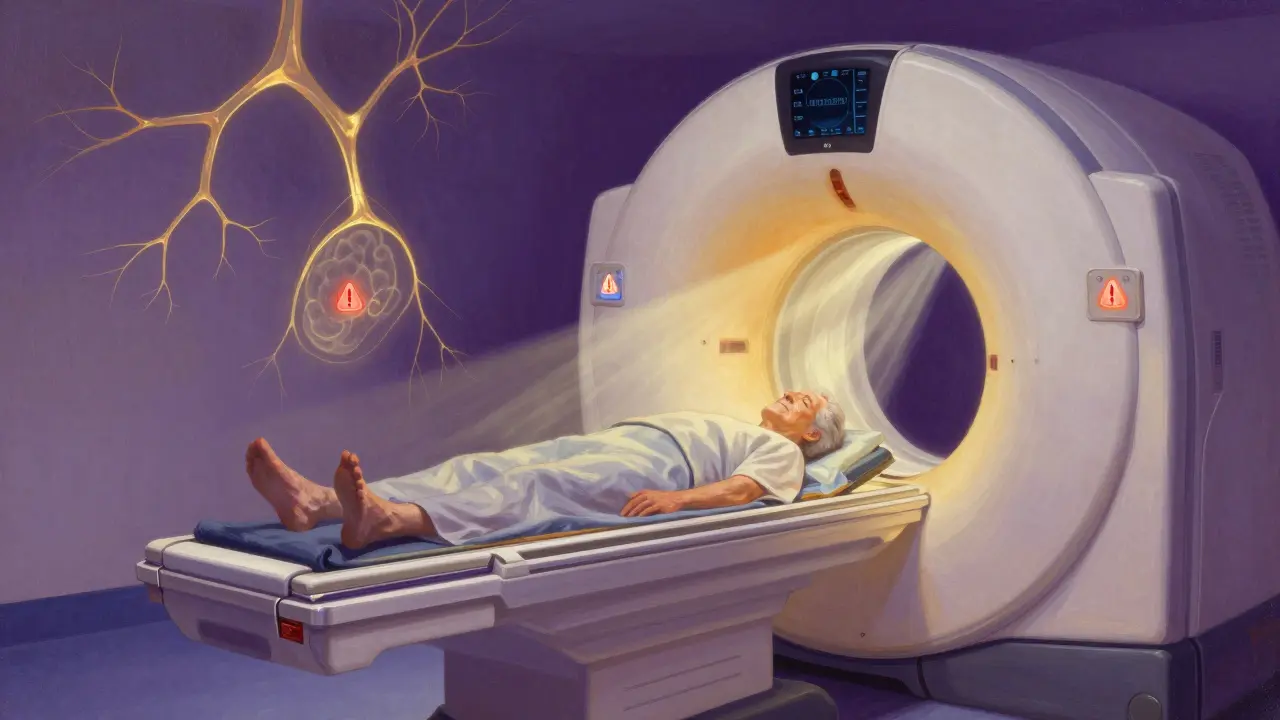 Patient en IRM avec des voies neuronales dorées et symboles d'alerte subtils