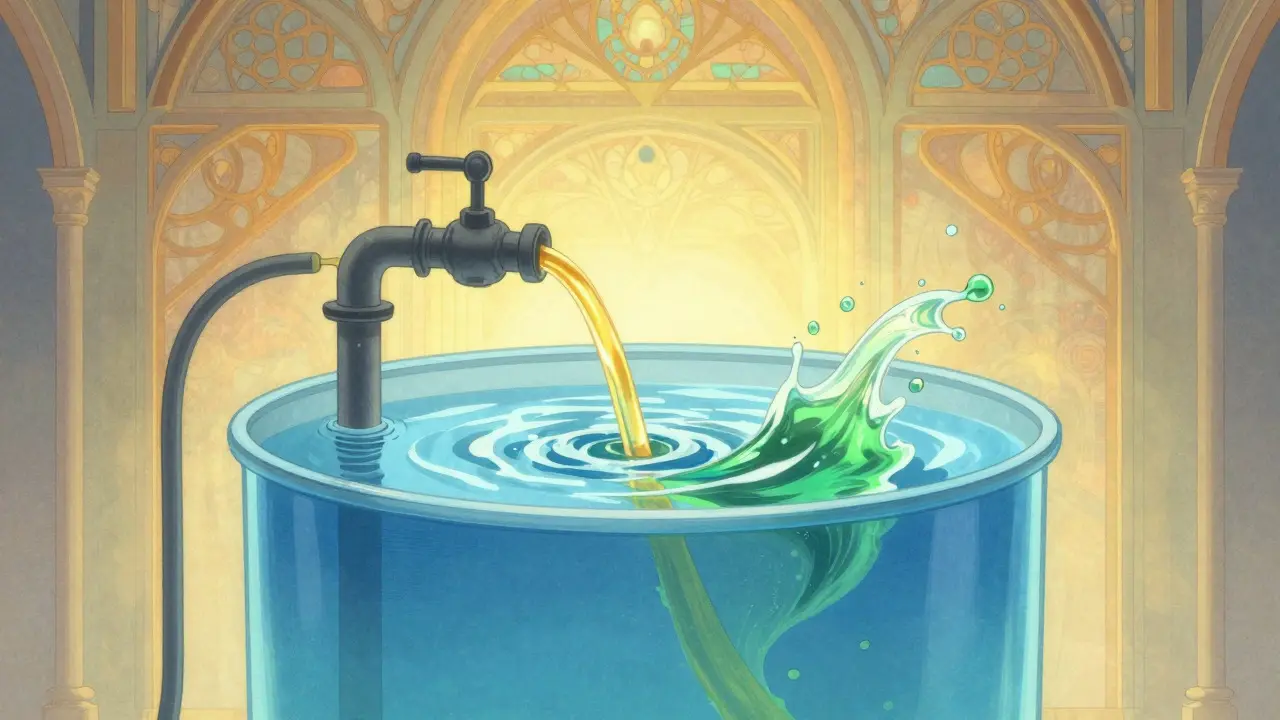 Réservoir d'eau apaisé par un flux constant, illustrant la stabilité apportée par la vitamine K
