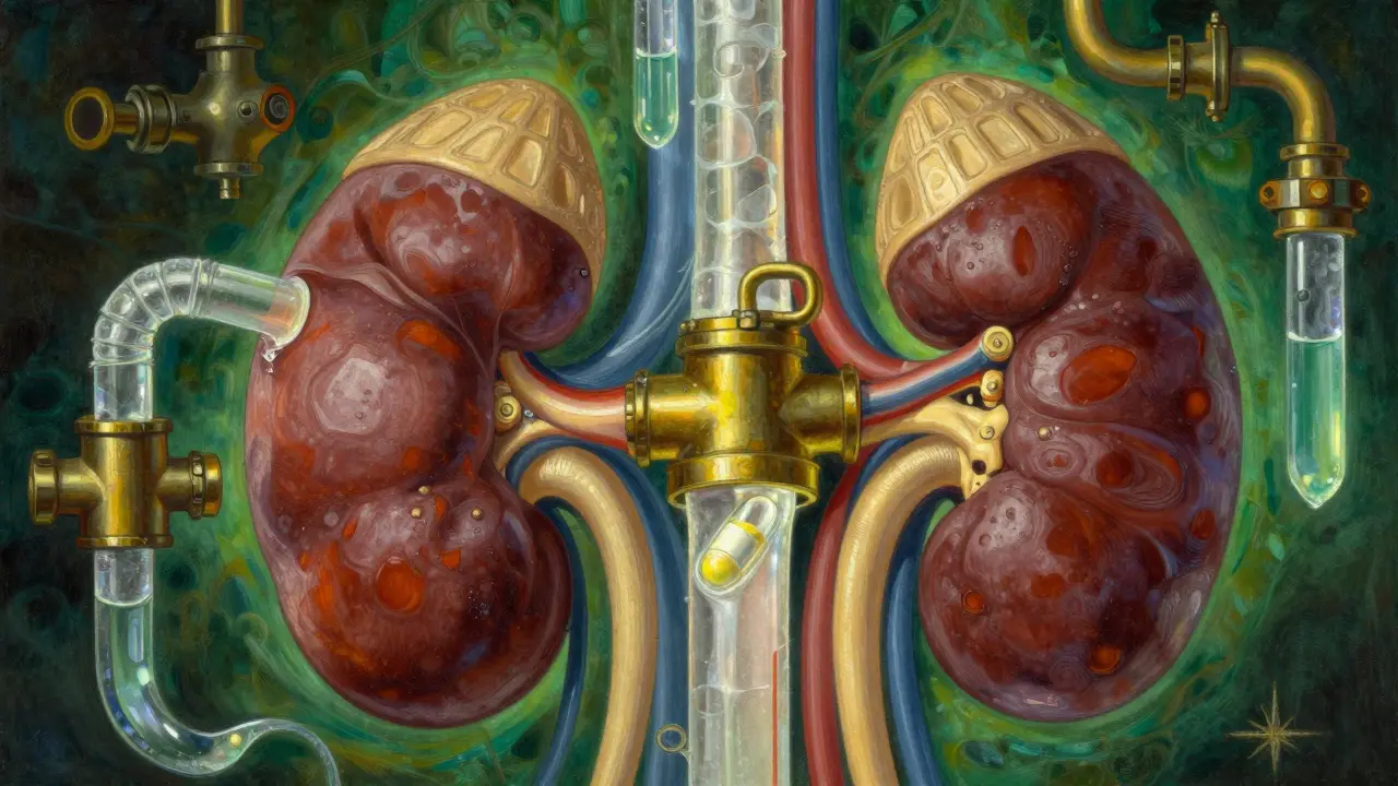 Système de filtration rénale stylisé montrant l'accumulation de médicaments