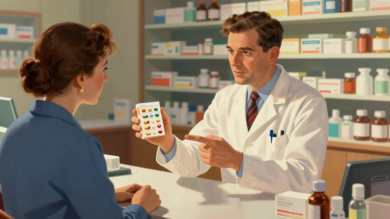 Un pharmacien explique les différences visuelles des médicaments à un client