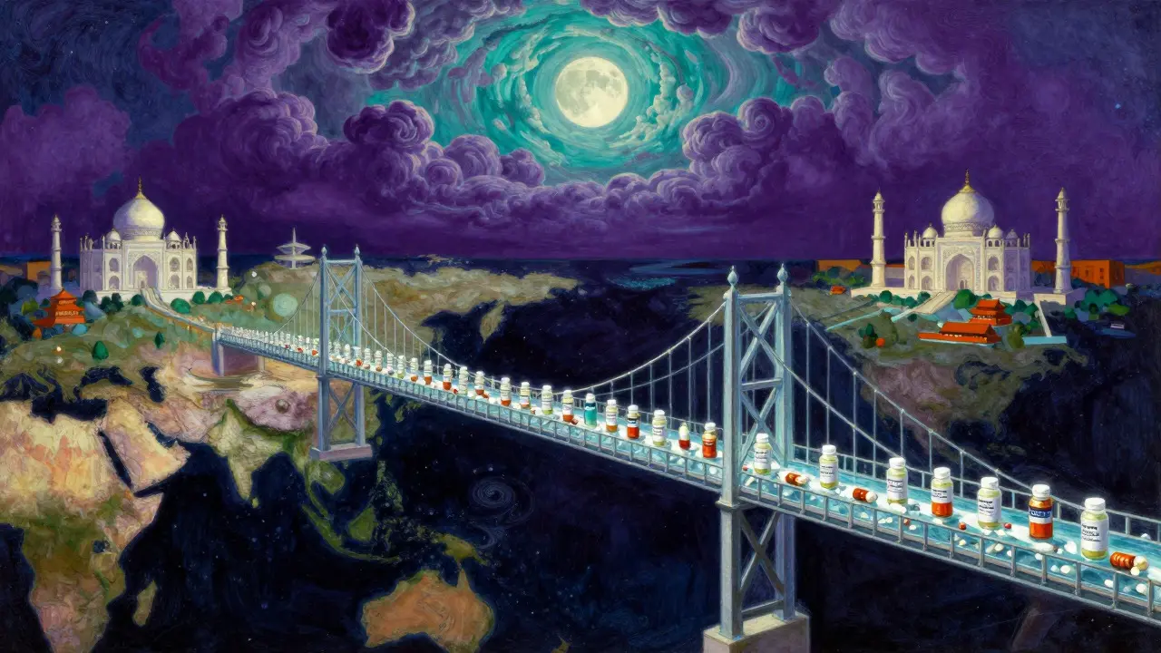 Un pont monumental reliant des architectures stylistiques représentant la production mondiale de médicaments et sa chaîne d'approvisionnement complexe.