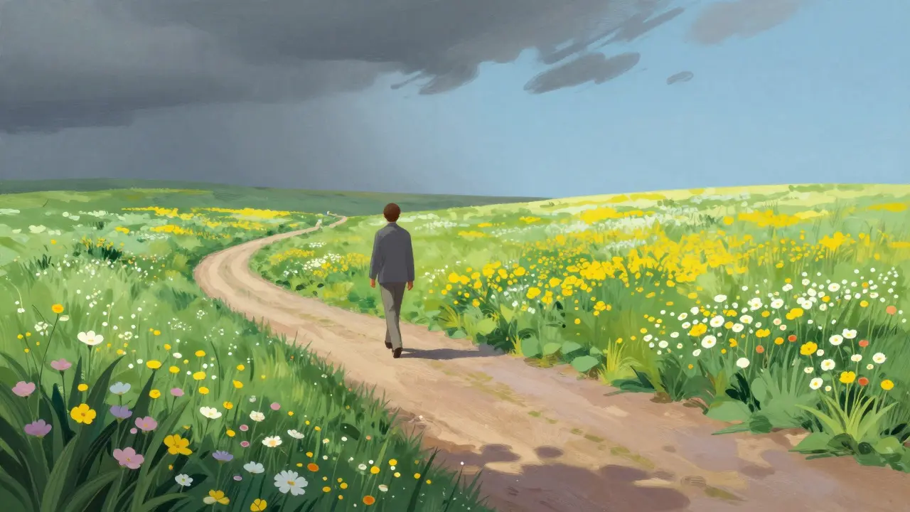 Figures marchant sur un chemin vers un paysage ensoleillé et fleuri