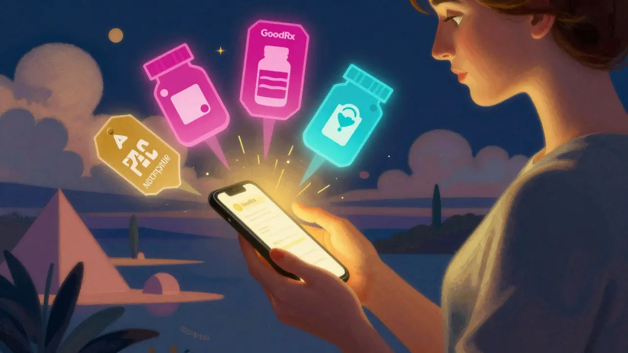 Illustration stylisée de la comparaison des prix de médicaments sur smartphone avec des icônes flottantes