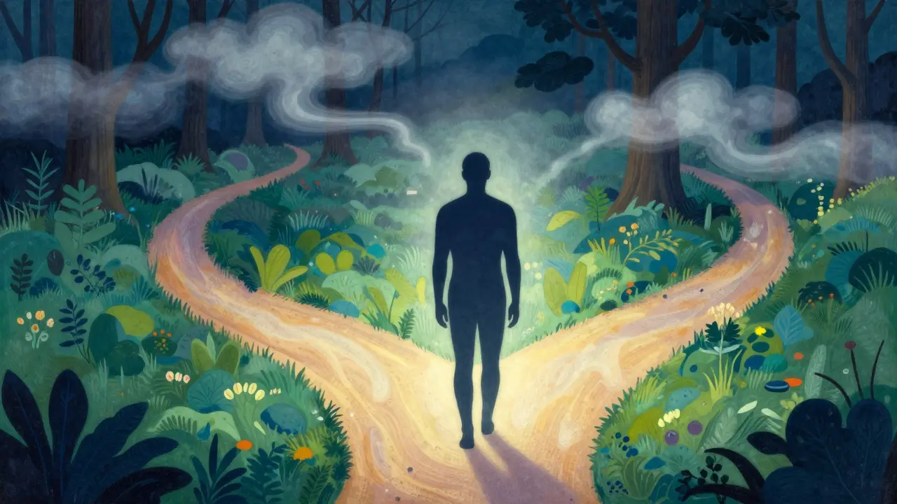 Illustration symbolique du voyage interne face aux effets secondaires des médicaments