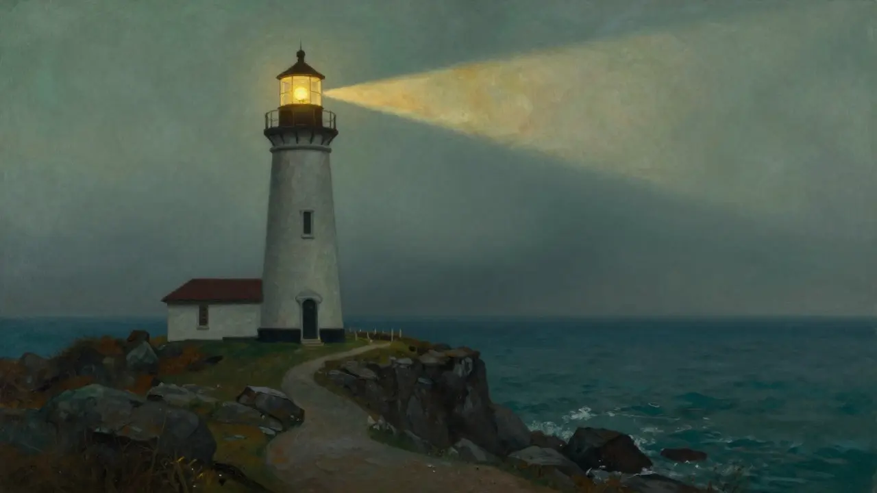 Phare émettant une lumière dorée à travers la brume au-dessus d'un port calme
