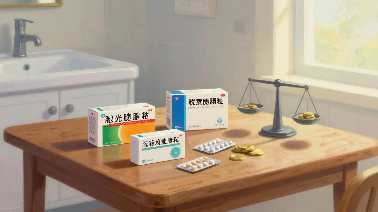 Table avec des boîtes de médicaments génériques et marque, éclairage doux