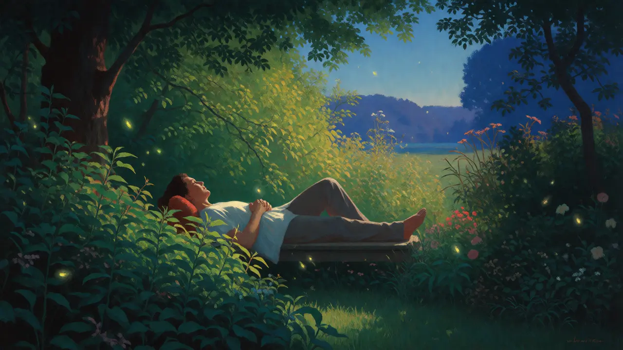 Jardin au crépuscule avec des lucioles évoquant le sommeil naturel et la mélatonine.